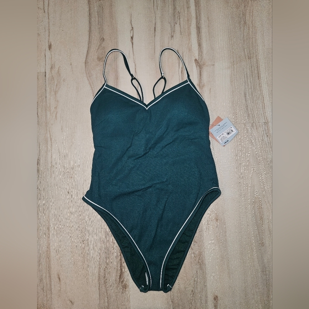 Shade & Shore NWT Green High Leg One Piece Swimsuit Women's Large Cheeky V Neck - Picture 2 of 11